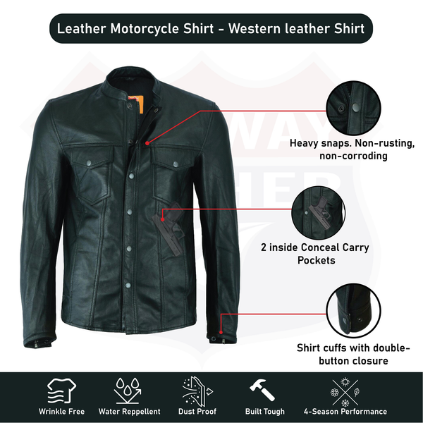 HL10499 Men Black Mandarin collar Long Sleeve Leather Shirt