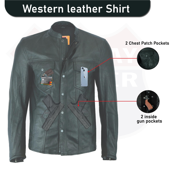 HL10499 Men Black Mandarin collar Long Sleeve Leather Shirt
