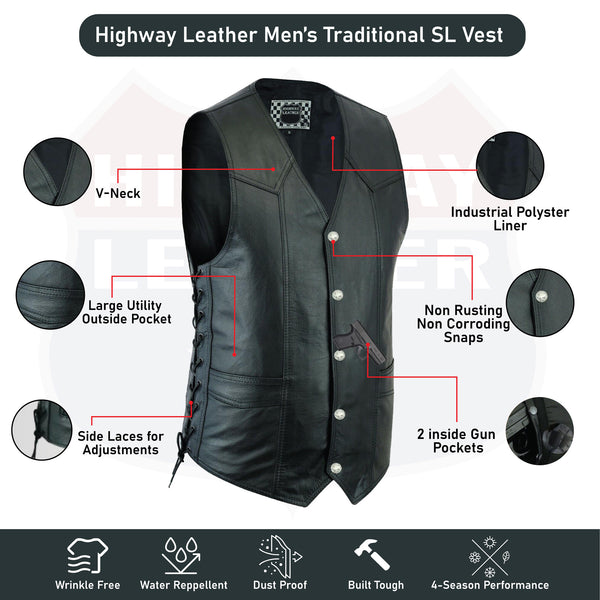HL11614SPT Men's Classic Leather Vest Motorcycle Gun Pockets