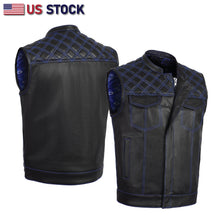 BLUE HL11693SPTBLUE  Black Men Cross Stitch Club Leather Vest - HighwayLeather