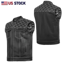 HL11693SPTWHT WHITE Black Men Cross Stitch Club Leather Vest - HighwayLeather