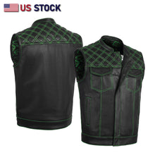 GREEN HL11693SPTGREEN  Black Men Cross Stitch Club Leather Vest - HighwayLeather