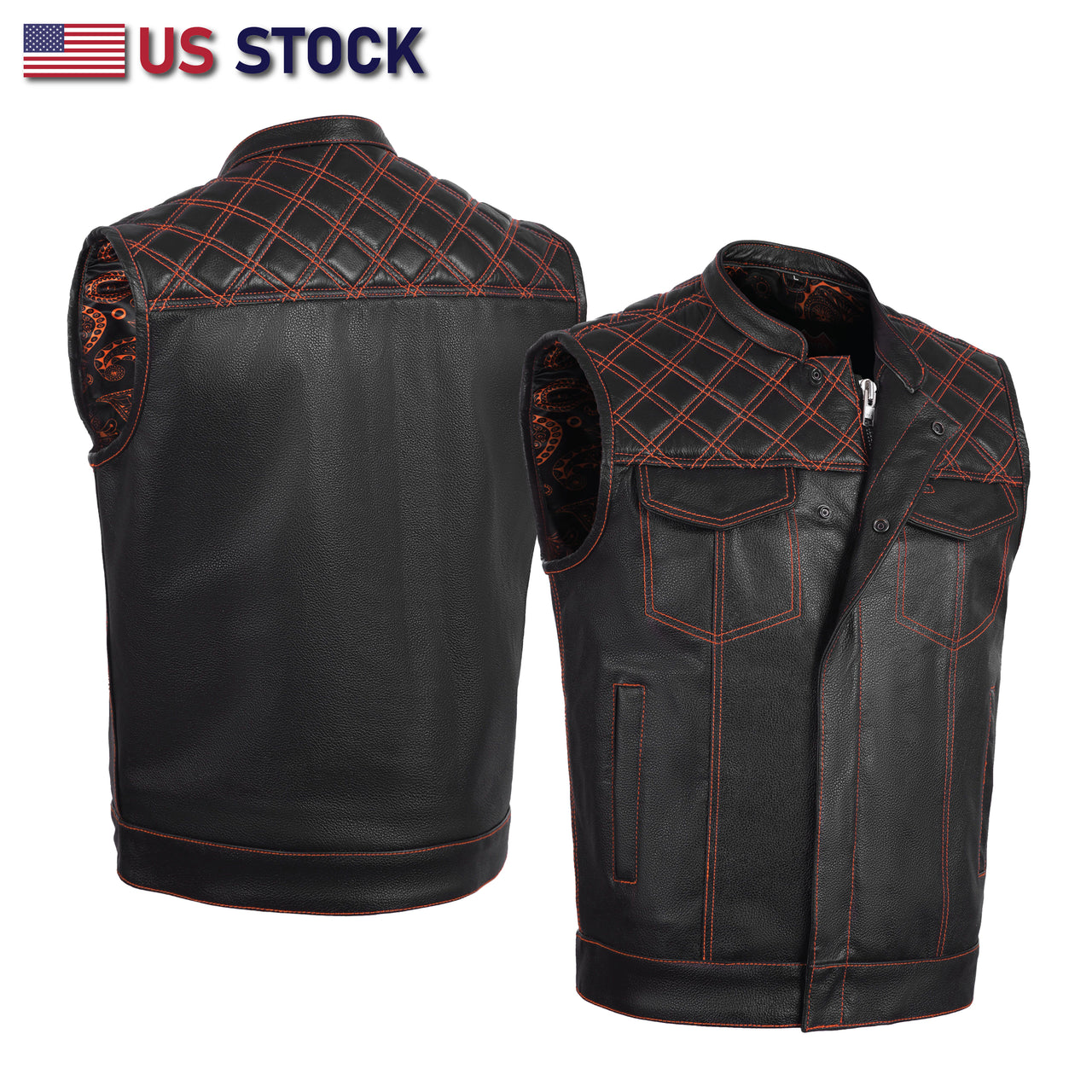 ORANGE HL11693 MEN CROSS STITCH CLUB LEATHER VEST - HighwayLeather