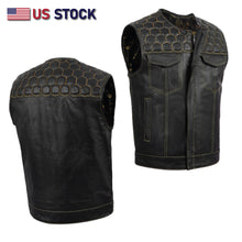 HL11049YELLOW Men's No Collar Club Style Leather Vest Honey Comb Stitch - HighwayLeather