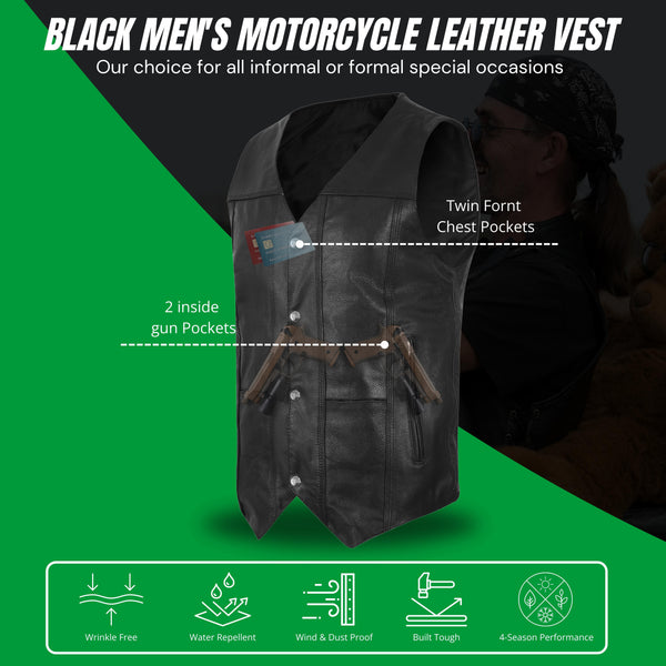HL3700SPT Men's Black Classic V-Neck Leather Motorcycle Vest