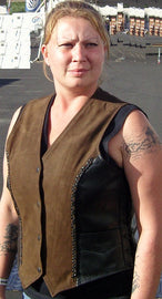HL14347 Vintage Two Tone Nubuck Brown and Black Leather Club Style Women Motorcycle Vest - HighwayLeather