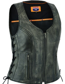 HL14531GRAY Women's Distressed Grey ‘Open Neck’ Motorcycle Leather Vest with Side Laces - HighwayLeather