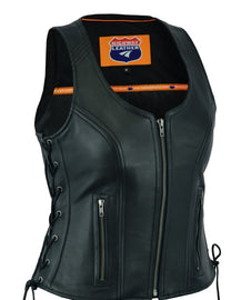 HL14531BLACK Women's Black ‘Open Neck’ Motorcycle Leather Vest with Side Laces - HighwayLeather