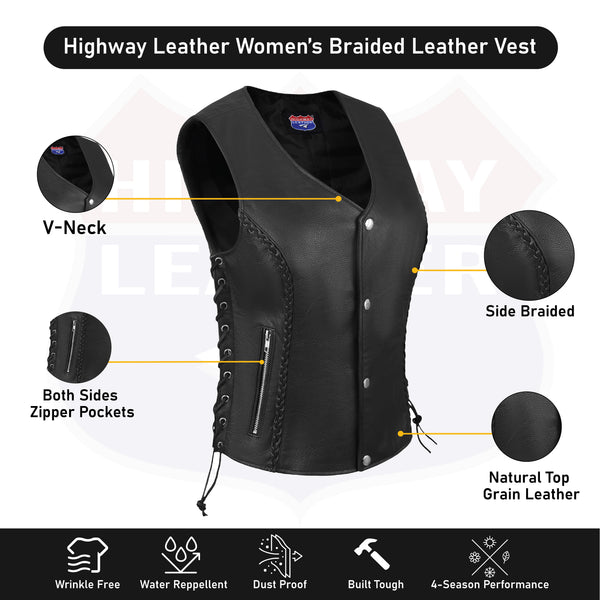 HL14856BRAIDED WOMEN BLACK VEST SIDE LACE M/O BUFFALO LEATHER