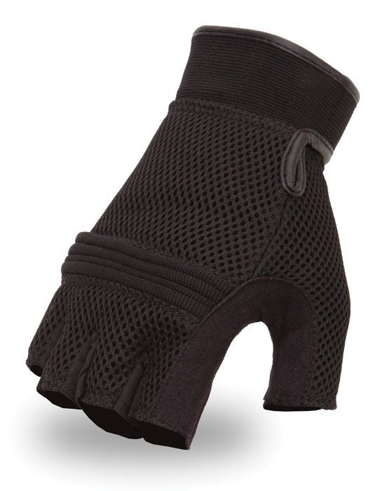 Men's Black Perforated Mesh Gel Palm Fingerless Motorcycle Hand Gloves - HighwayLeather