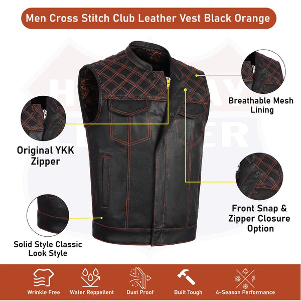 ORANGE HL11693SPTORANGE Black Men Cross Stitch Club Leather Vest