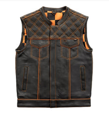 ORANGE M050 | Orange Checker - Men's Motorcycle Leather Vest - HighwayLeather