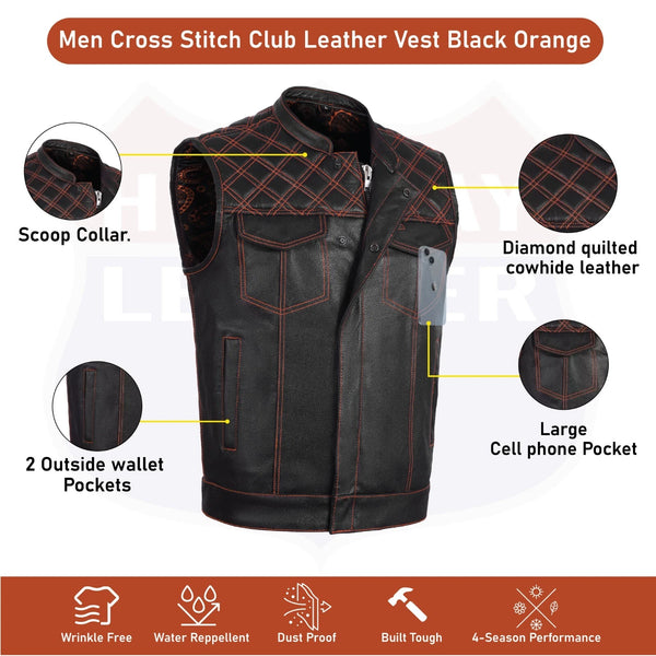 ORANGE HL11693SPTORANGE Black Men Cross Stitch Club Leather Vest