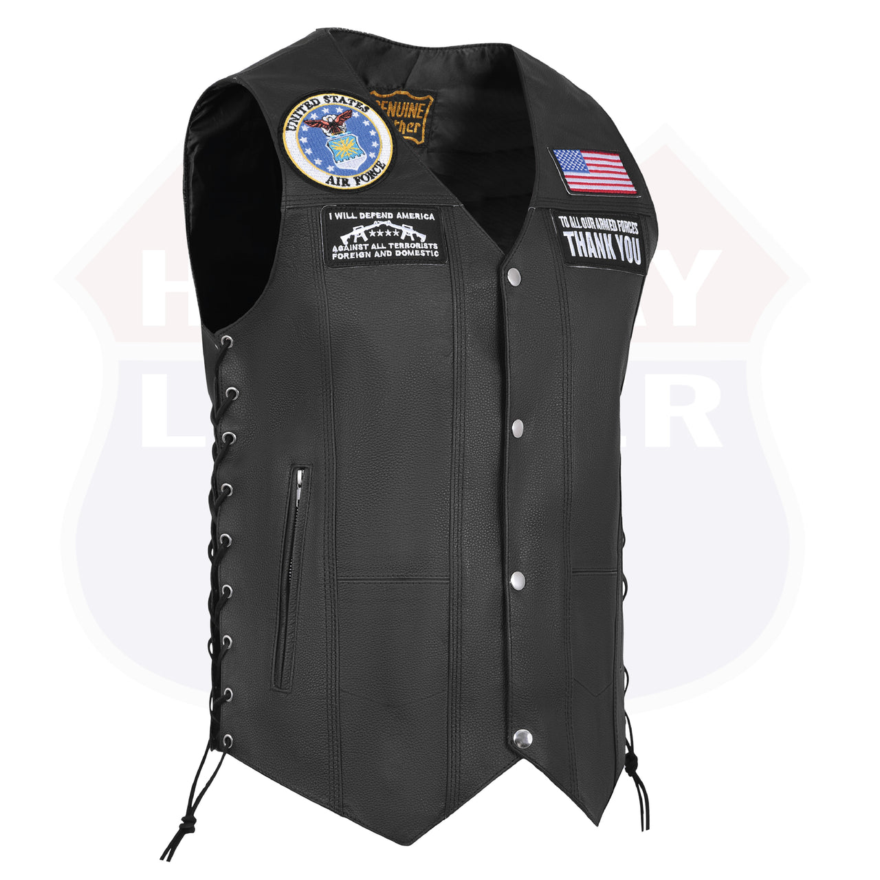 HL3540AIRFORCE Black Men's Genuine Leather 10 Pockets Motorcycle Biker Vest ANARCHY Black SOA - HighwayLeather