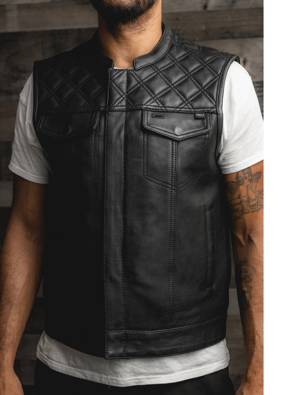 BLACK FIM671CDM Double Diamond Stitch Club Leather Motorcycle Vest Naked Leather - HighwayLeather