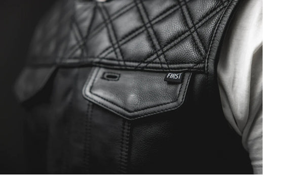 BLACK FIM671CDM Double Diamond Stitch Club Leather Motorcycle Vest