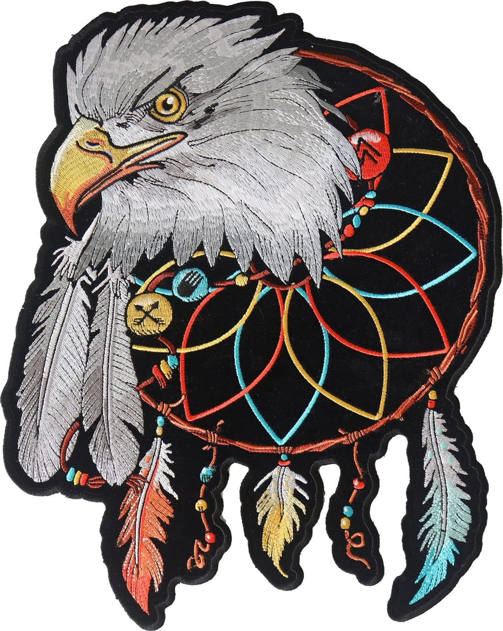 PL6850 Eagle and Feathers in Dream Catcher Embroidered Patch : 9.5x12 inch - HighwayLeather