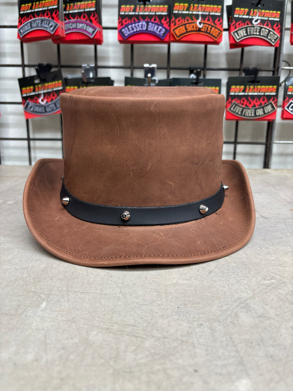 HL80111BROWN - Handcrafted Brown Leather TOP HAT shapeable brim - HighwayLeather
