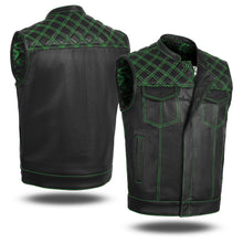 GREEN HL11693SPTGREEN  Black Men Cross Stitch Club Leather Vest - HighwayLeather