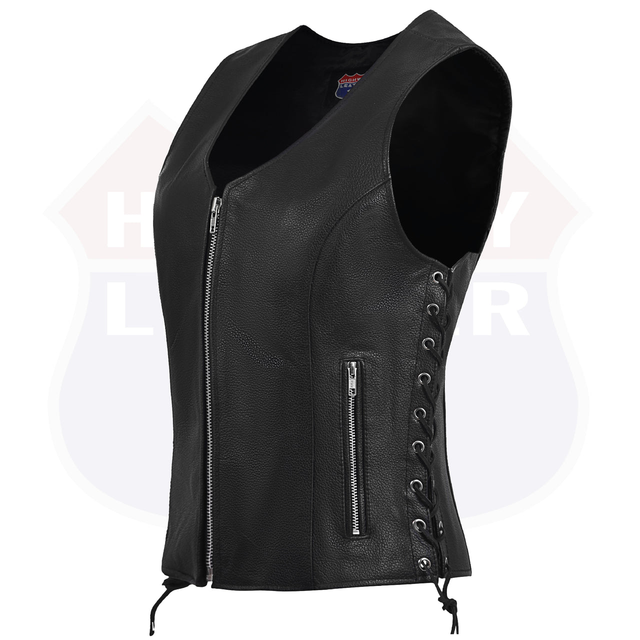 HL14855SPT Black Women's Side Lace Front Zipper leather motorcycle Vest - HighwayLeather