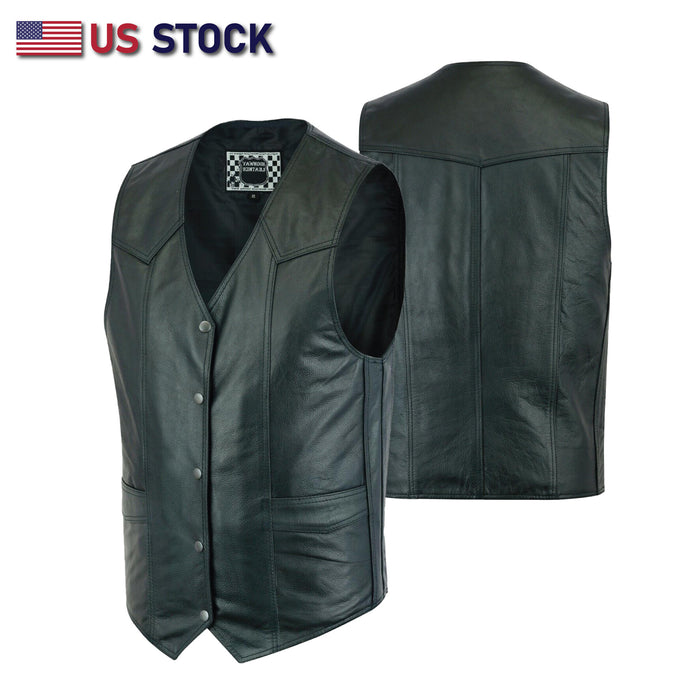 Men's plain leather motorcycle vest from Buffalo Leather Gear featuring classic biker style and durable black leather.