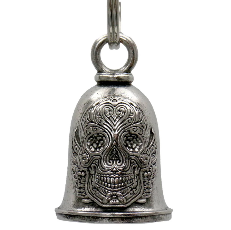 MLB9070 Antique Sugar Skull Motorcycle Good Luck Bell w/ Key Ring-Key Chain Accessory for Bikers - HighwayLeather