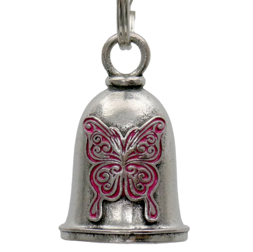 MLB9089 Pink Curly Butterfly Motorcycle Good Luck Bell w/ Key Ring-Key Chain Accessory for Bikers - HighwayLeather