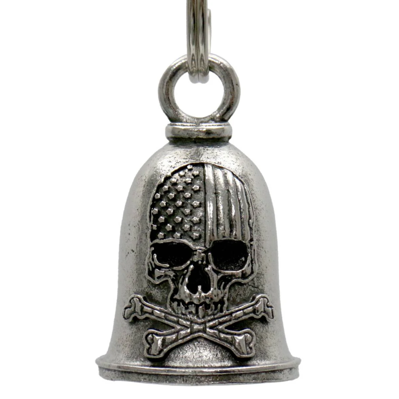 MLB9100 Flag Skull Motorcycle Good Luck Bell w/ Key Ring-Key Chain Accessory for Bikers - HighwayLeather