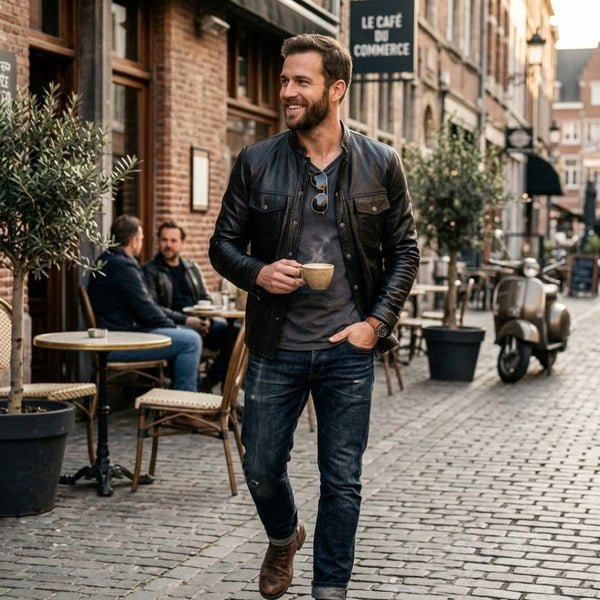 HL10499 Men Black Mandarin collar Long Sleeve Leather Shirt