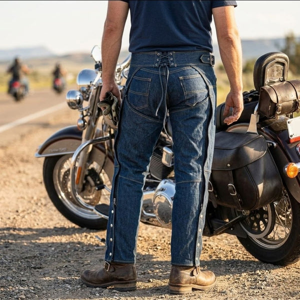 BLUE Denim Chap lightweight Motorcycle Style Riding Chaps - Blue
