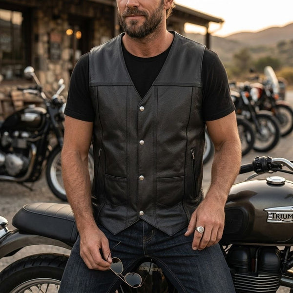 HL3700SPT Men's Black Classic V-Neck Leather Motorcycle Vest
