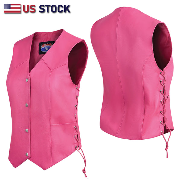 HL14501 HotPink Women's HotPink color side laced Leather Vest with