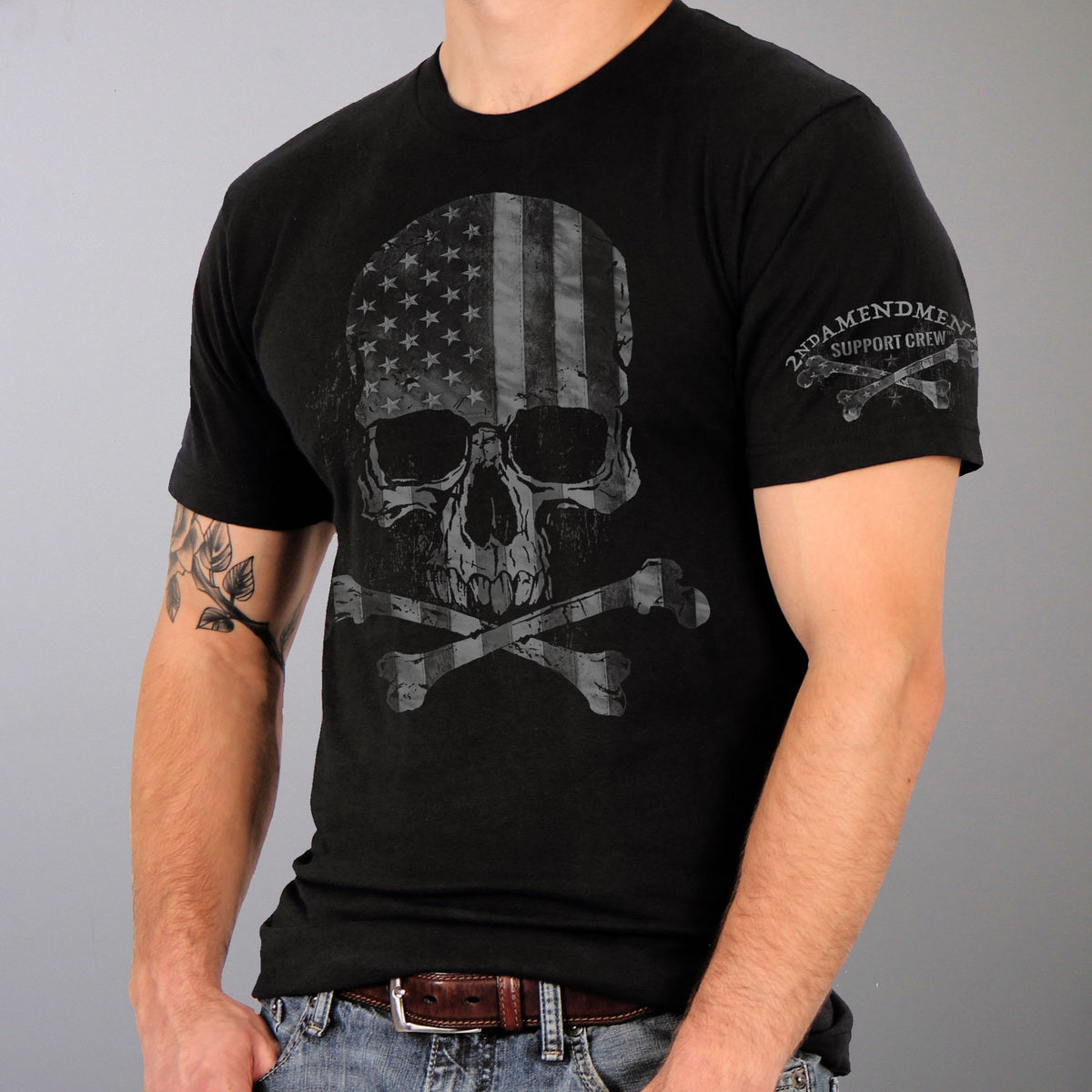 Hot Leathers GML1001 Menâ€™s' Faded Flag Skull Black T-Shirt