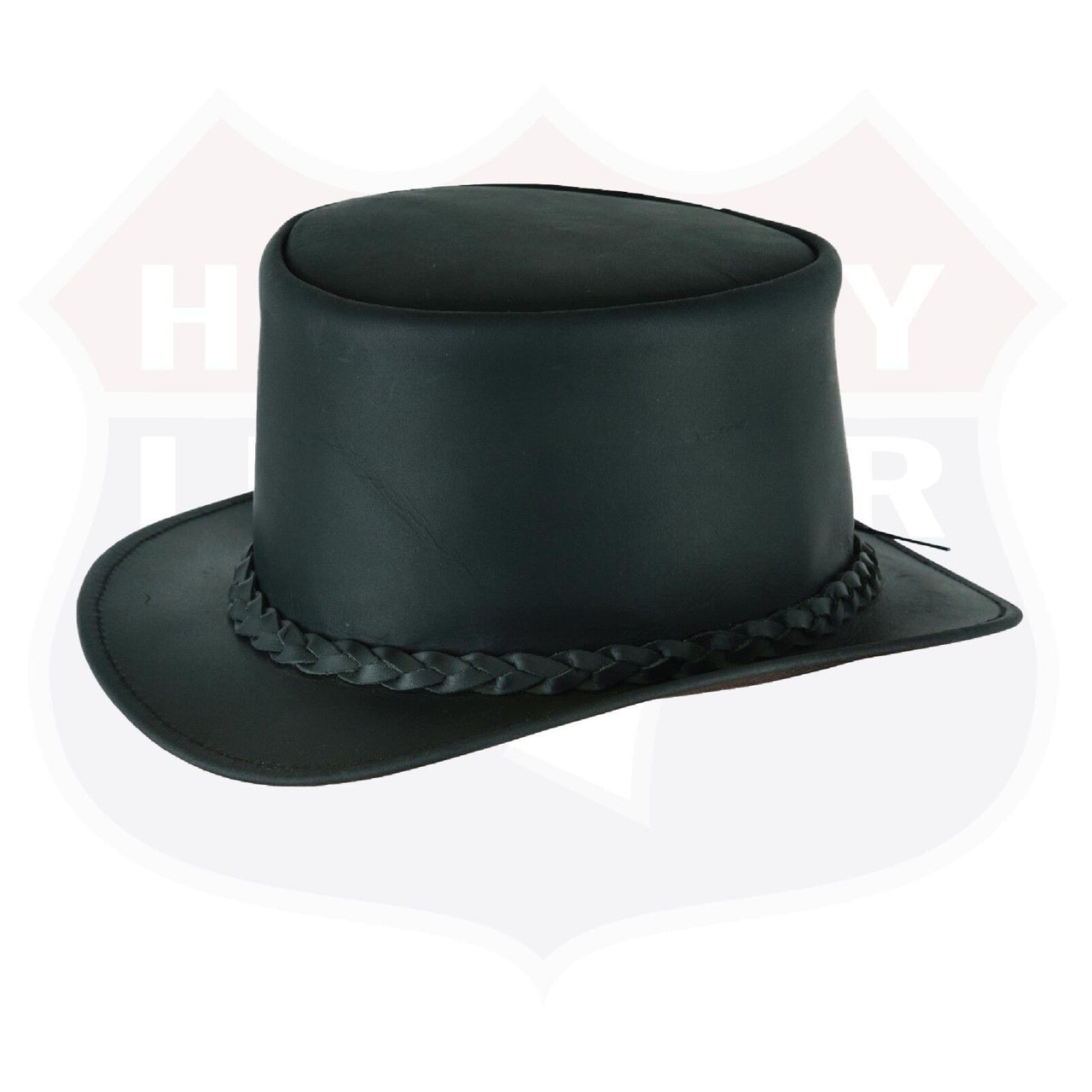 HL80111BLK-BRAID Handcrafted Black Leather TOP HAT shapeable brim and crown - HighwayLeather