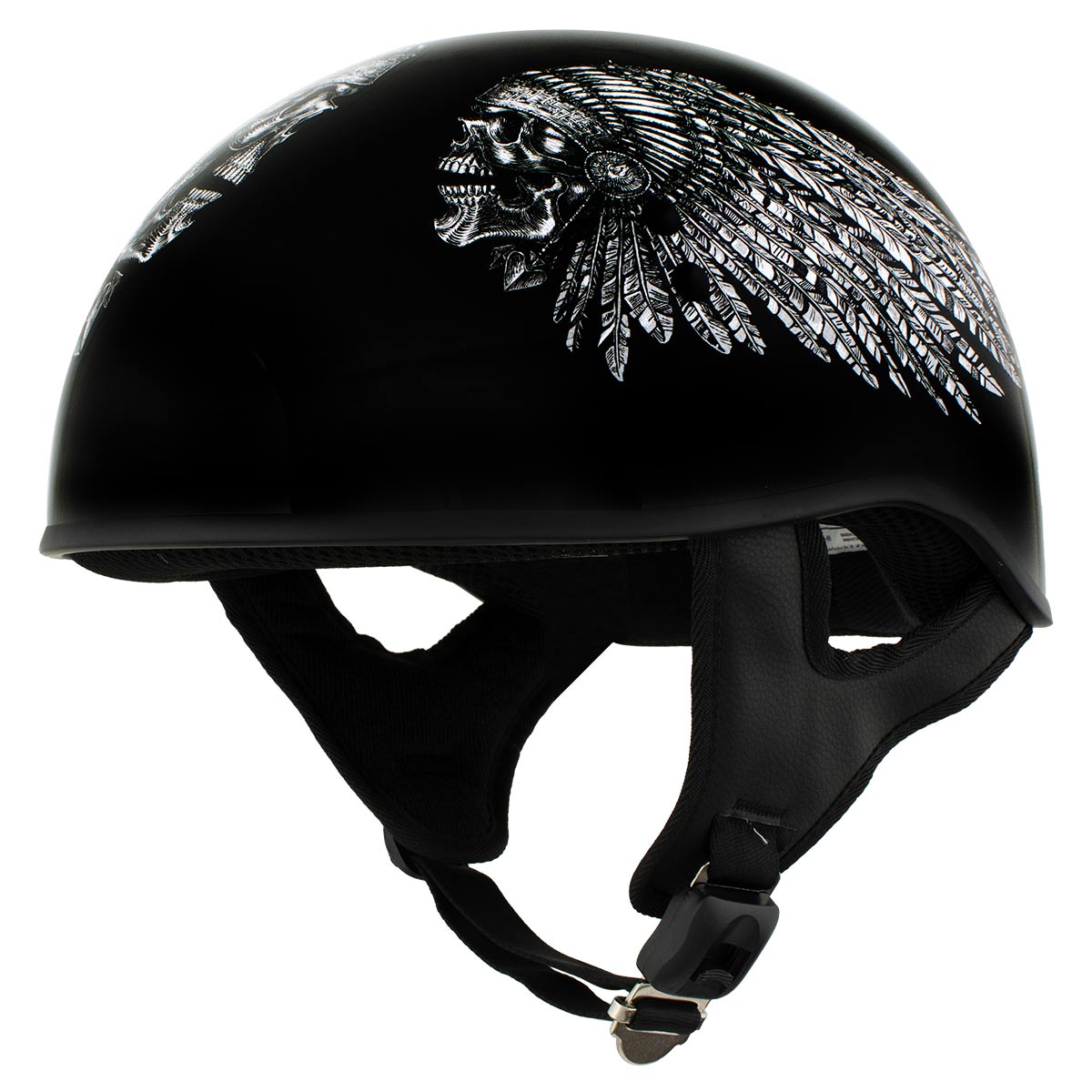 Hot Leathers HLD1032 Black 'Indian Skull' Motorcycle DOT Approved Skull Cap Half Helmet for Men and Women Biker