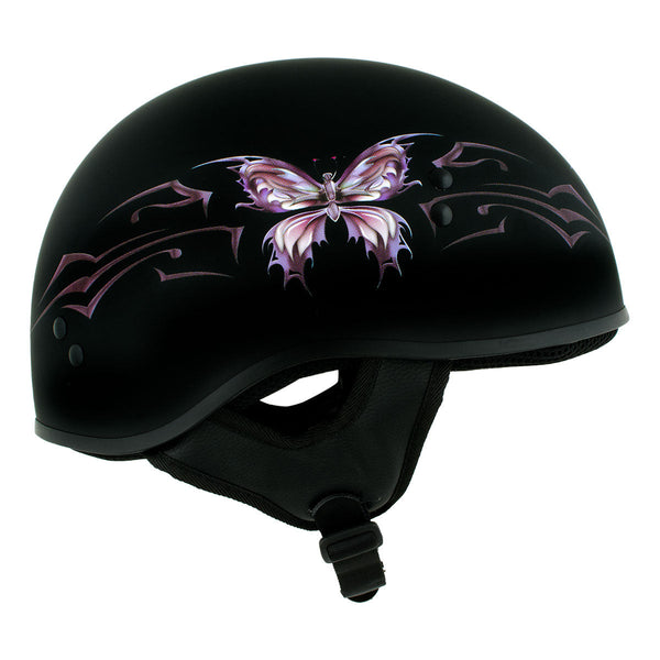 HLD1052 New Purple Butterfly Flat Black Motorcycle DOT Skull Cap Half – HighwayLeather