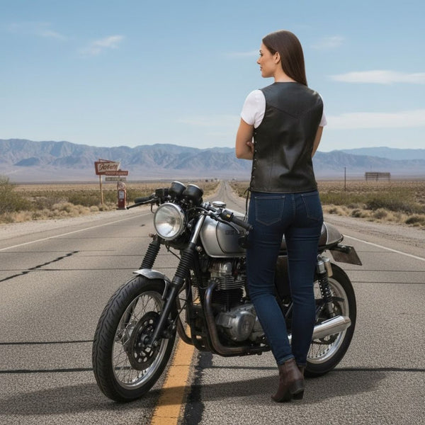 HL14851SPT Black Women's Lace up side leather motorcycle vest