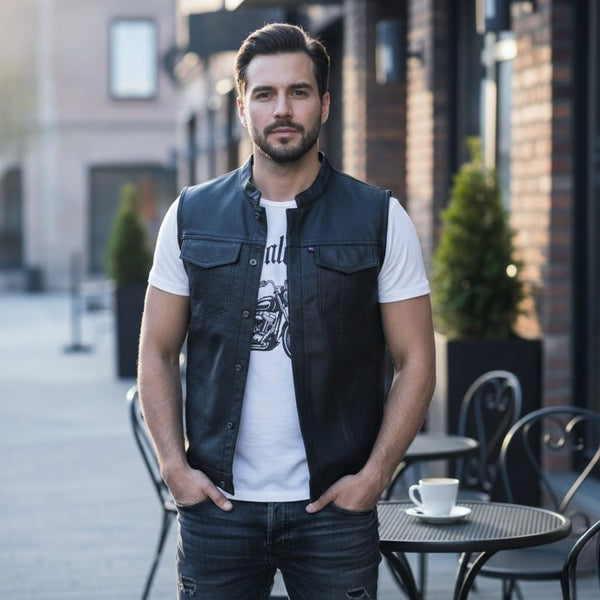 Men's Top Grain Heavy Naked Leather Concealed Carry Biker Vest - Black