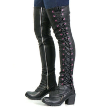 Hot Leathers LCU1005 Ladies Black Lambskin Leather Leggings with Pink Side Lace