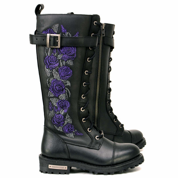【threetimes】Moto lace-up boots MBL9357 Women's Black 14” Tall Motorcycle Boots Lace-Up High