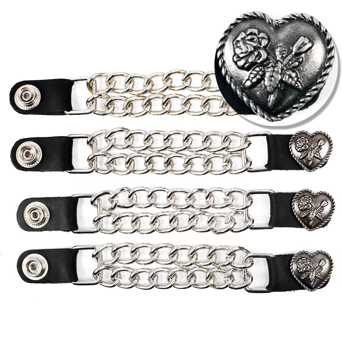 Milwaukee Leather Heart Rose Medallion Vest Extender - Double Chrome Chains Genuine Leather 6.5" Extension 4-PCS MLA6013SET