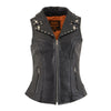 Milwaukee Leather MLL4503 Women's Black Leather Classic V-Neck Motorcycle Rider Vest W/Riveted Lapel Collar Detail