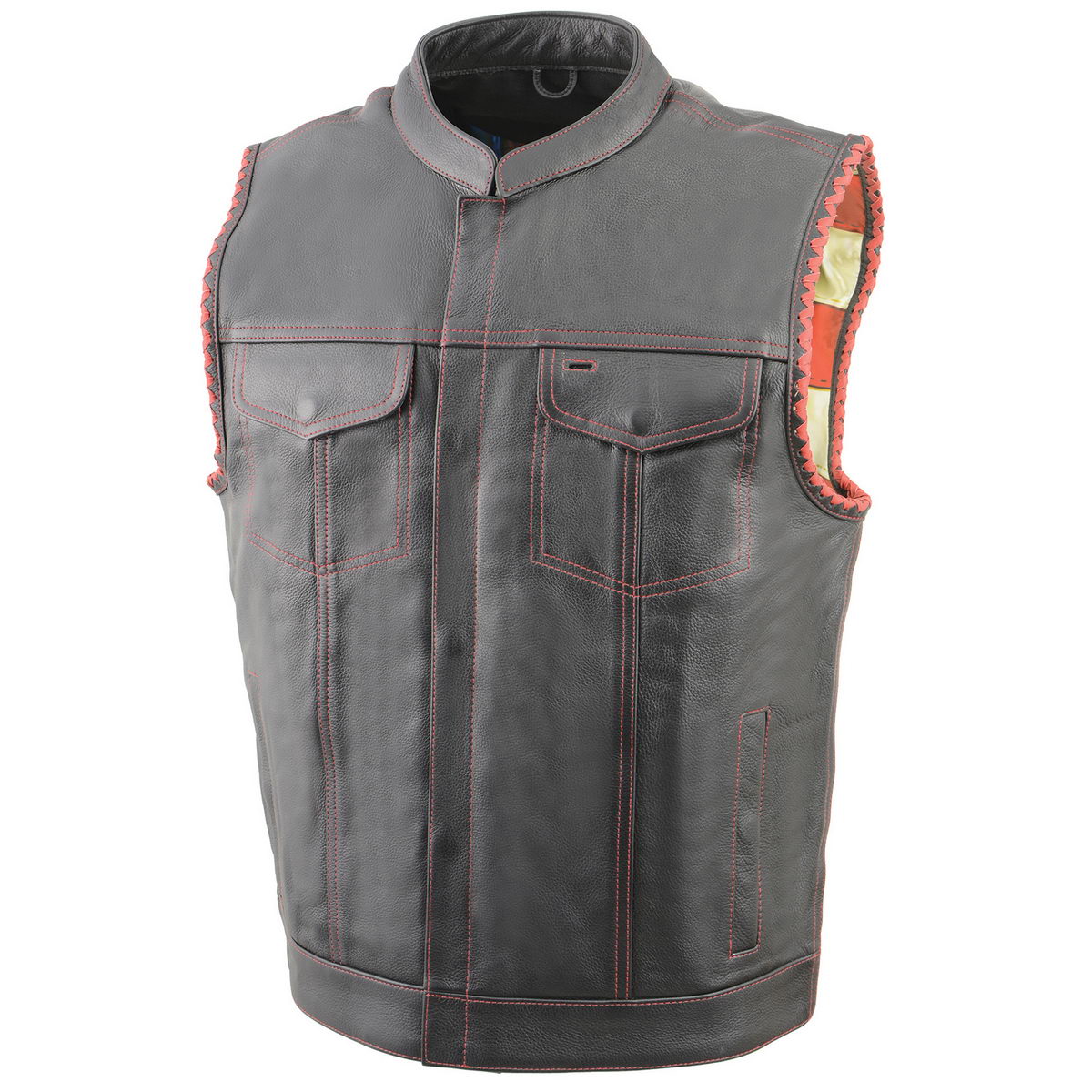 Milwaukee Leather MLM3506 Men's Black Naked Leather Vest - Old Glory Laced Armholes Red Stitching Club Style Vest