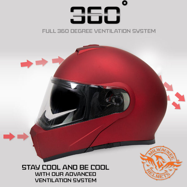 RED MPH9827DOT 'Cypher' Flat Red Advanced Motorcycle Modular Helmet w/ RED MPH9827DOT 'Cypher' Flat Red Advanced Motorcycle Modular Helmet w/