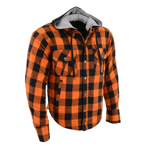 thumbnail image 2 of Milwaukee Leather Men's Hooded Flannel Biker Shirt – Orange/Black Plaid With CE Approved Armor 2 of 6