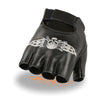 Milwaukee Leather SH353 Men's Black Leather Gel Padded Palm Fingerless Motorcycle Hand Gloves W/ ‘Embroidered Skull & Bones’