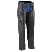 Milwaukee Leather Chaps for Women Black Naked Skin- Classic Black and Purple Wing Embroidery Motorcycle Chap ML1179