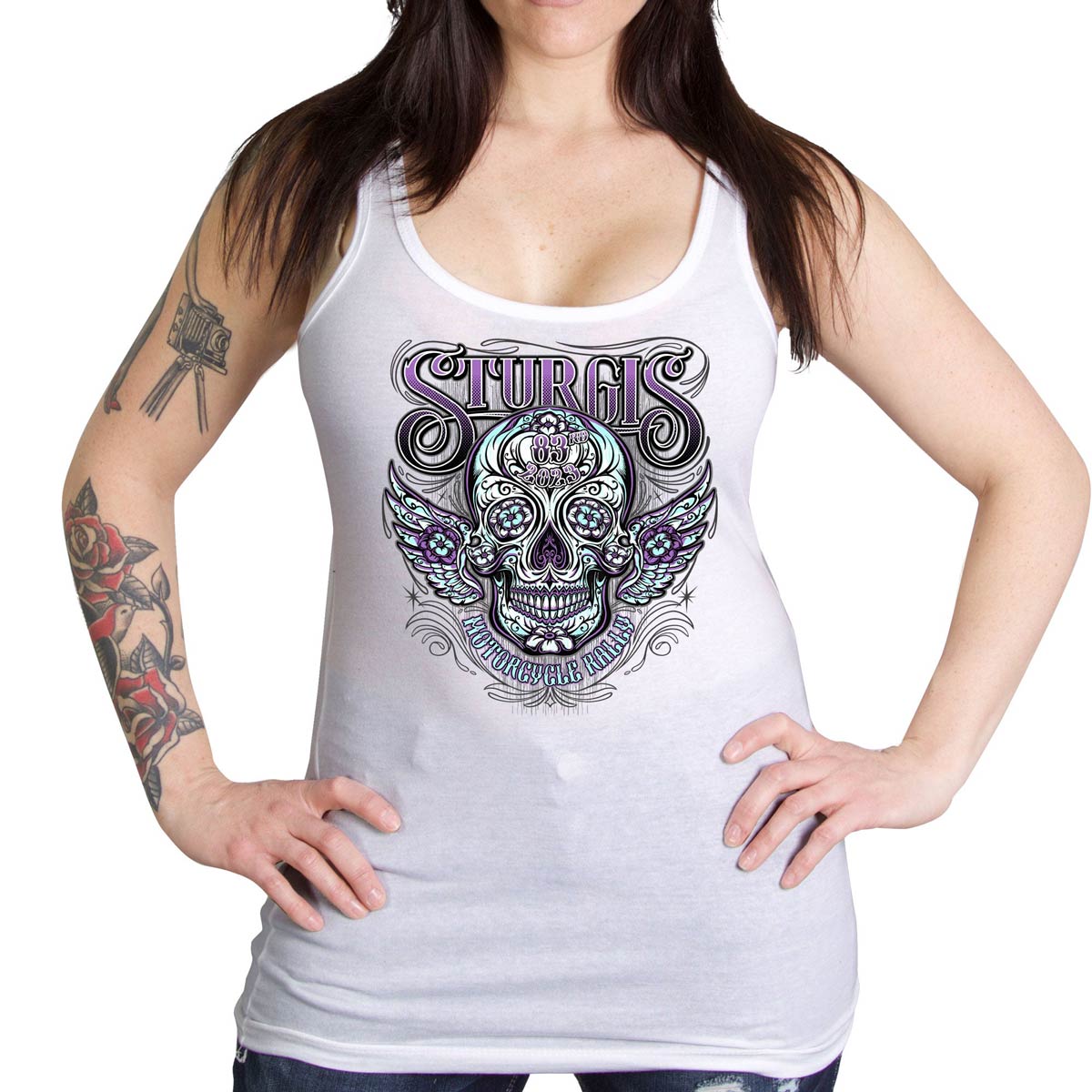 Hot Leathers SPL2861 Women's White 2023 Sturgis Antique Sugar Skull Tank Top