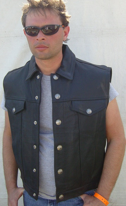 Denim Style Leather Vest - Motorcycle Levi style - HighwayLeather