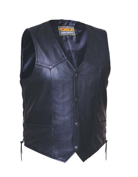 Daniel Smart Men's Leather Biker Vest - Buffalo Leather, Side Laces, Multiple Pockets, For Motorcycle Riding